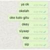 ya ok 4:02 PM okelah 4:02 PM ✔ oke kalo gitu 4:02 PM okey 4:02 PM siyaap 4:02 PM ✔ siap 4:03 PM sip 4:03 PM