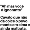 "Ah mas você é ignorante" Cavalo que não dá coice o povo monta em cima e ainda maltrata.