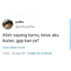 yudha @yudhazulffan Allah sayang kamu, terus aku ikutan, gpp kan ya? Terjemahkan Tweet 14:23 25 Apr 20 Twitter for Android .